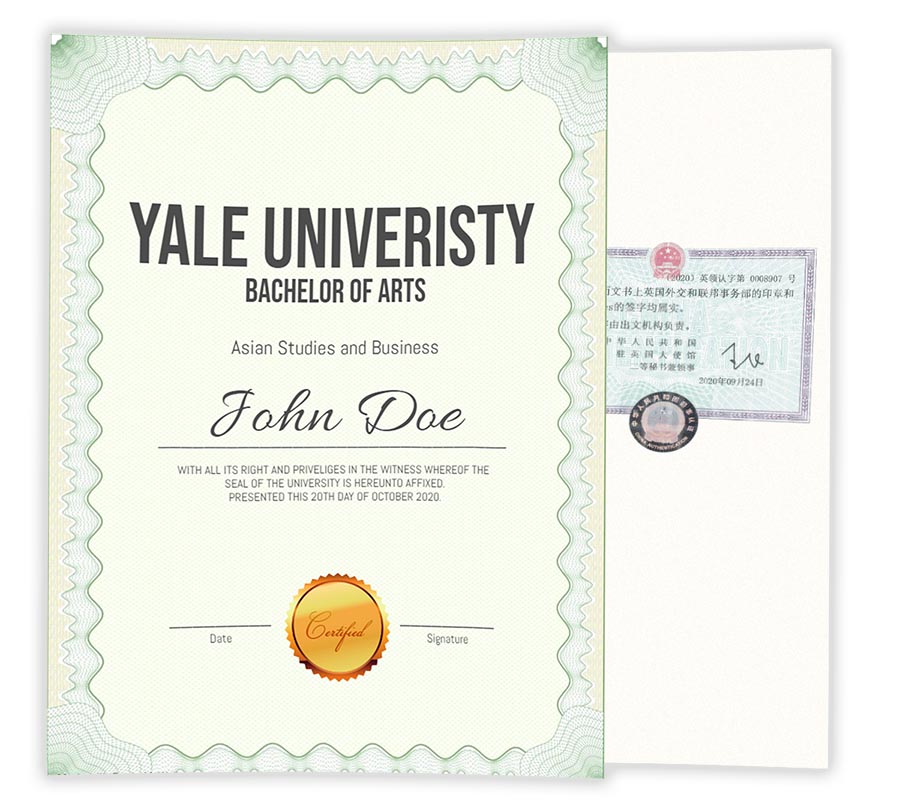 Degree fully embassy authenticated for work visa application in China